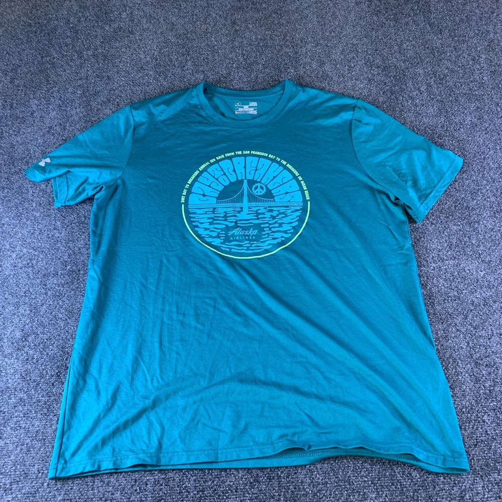 Under Armour T-Shirt Mens Large Teal Blue Good Bay to Breakers Graphic Heatgear